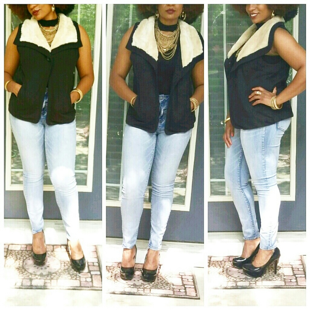 Style & Co. Black Vest w/ Faux Fur Collar